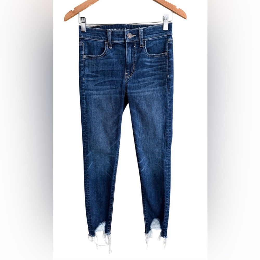 American Eagle Outfitters Dark Blue Hi Rise Raw Hem Distressed Ankle Jeans